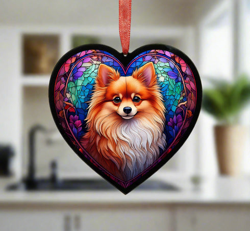 Pomeranian Stained Glass Effect Heart Suncatcher